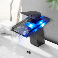 led basin faucet brass waterfall temperature colors change bathroom mixer tap deck mounted wash sink glass taps