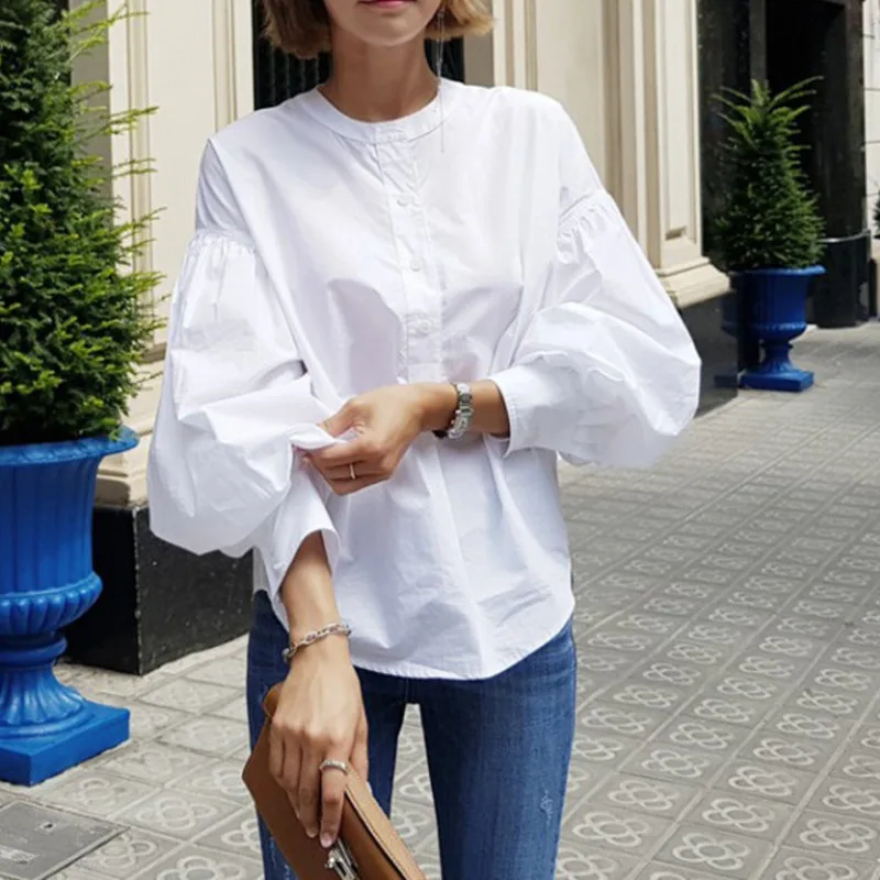 Women's Spring Autumn Pullover White Shirt Casual Lantern Sleeve Fit Fashion Tide Summer 2021 New Arrival  X223