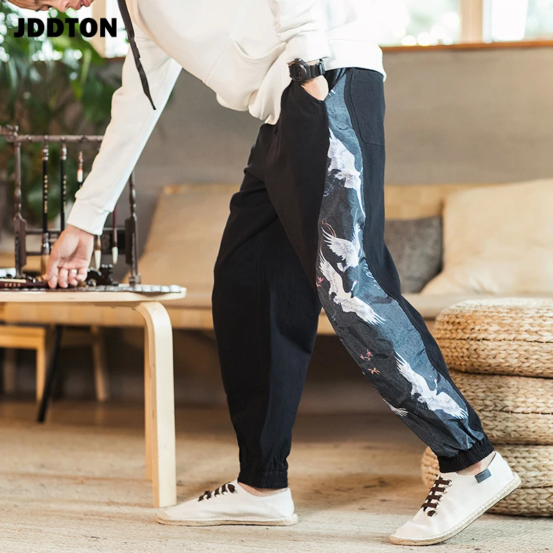 JDDTON мужские хлопковые и льняные свободные брюки с боковым принтом Стильные