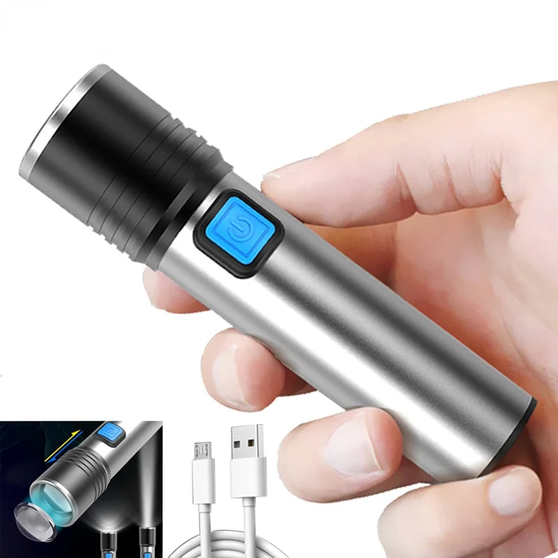 

Super bright Rechargeable LED Flashlight Waterproof Torch 4 lighting modes Zoomable camping light With T6 built-in 18650 battery