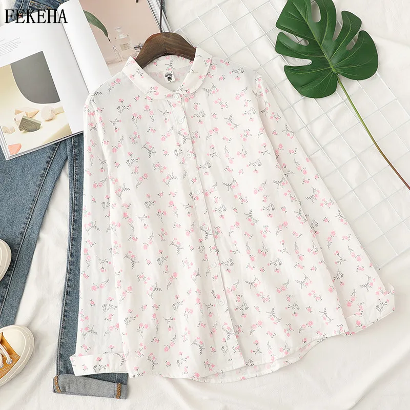 

Women Floral Print White Shirts Cotton Yarn Blouse Long Sleeve Pink Flower Lady Tops Casual Female Clothes Autumn News