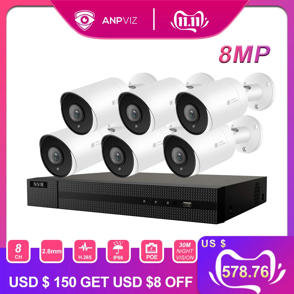 Anpviz Новинка 4K 8CH POE NVR комплект Plug& Play 8-канальная система безопасности камера 8 шт 8MP Bullet IP камера наружная Поддержка Onvif