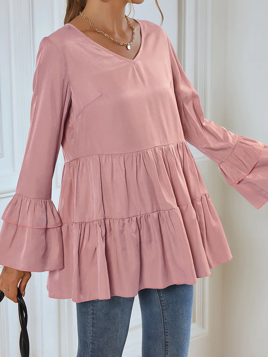 

Женская блузка с оборками, V-образным вырезом и длинным рукавом