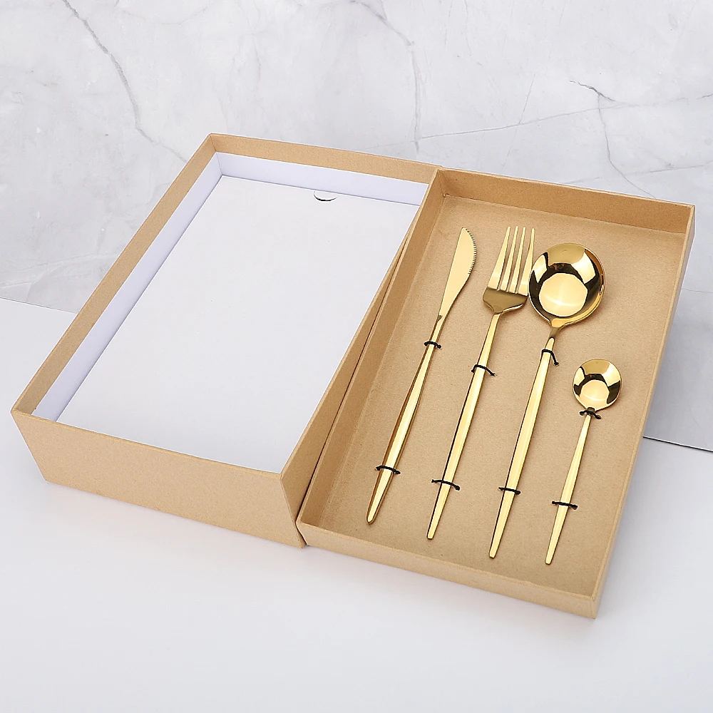 

Tableware Gold Home Cutlery Set 16 Piece Bright Forks Spoons Knives and Gift Box Stainless Steel Flatware Kitchen Dinnerware Set