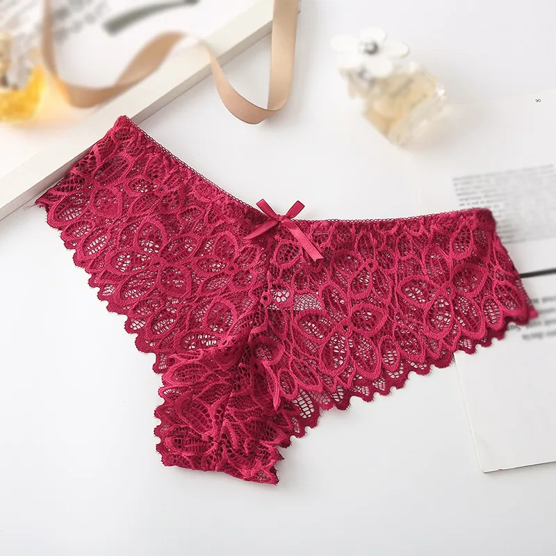 

Women Sexy Bow Lace Briefs Summer Thin Section Hollow Solid Color Panties Ladies Low Waist Cotton Panties New
