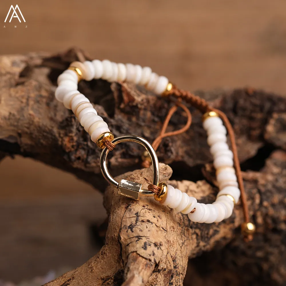 

Gold Copper Open Spiral Lock Clasps Charms White Shell Disc Heishi Beads Adjustable Braided Bracelet For Women Jewelry Gift