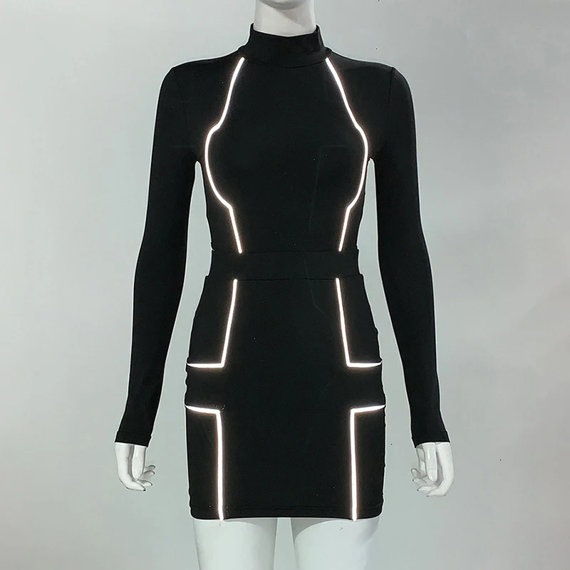 

Reflective Striped Women 2 Piece Set Fitness Leisurewear Black Autumn Outfits Long Sleeve Bodysuit And Skirt Sets 2019