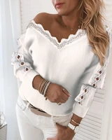 2020 women fashion elegant casual v neck fall patchwork fluffy basic sweaters female lace trim ribbed cutout long sleeve sweater