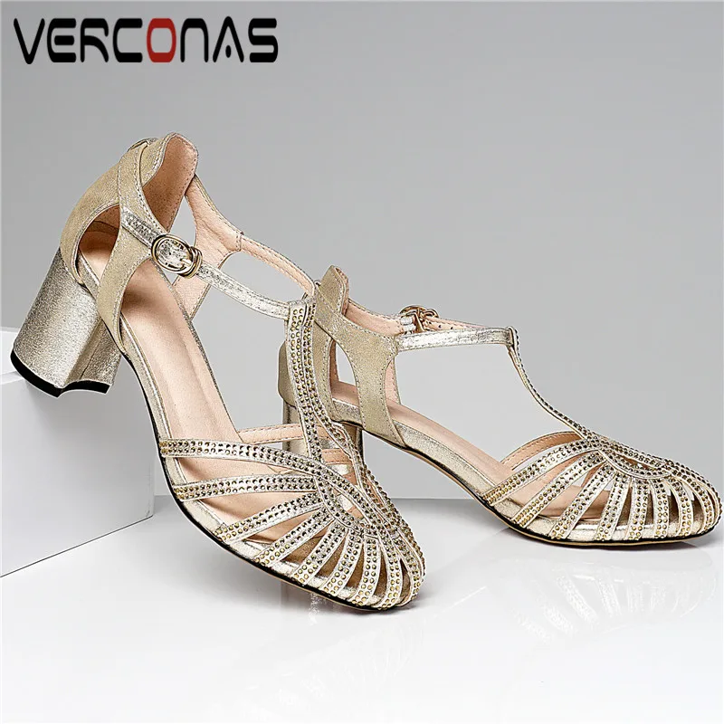 

VERCONAS Women Rhinestones Wild Sandals Genuine Leather Shallow Thick Heel Buckle Office Shoes Round Toe High Heeled Shoes Woman
