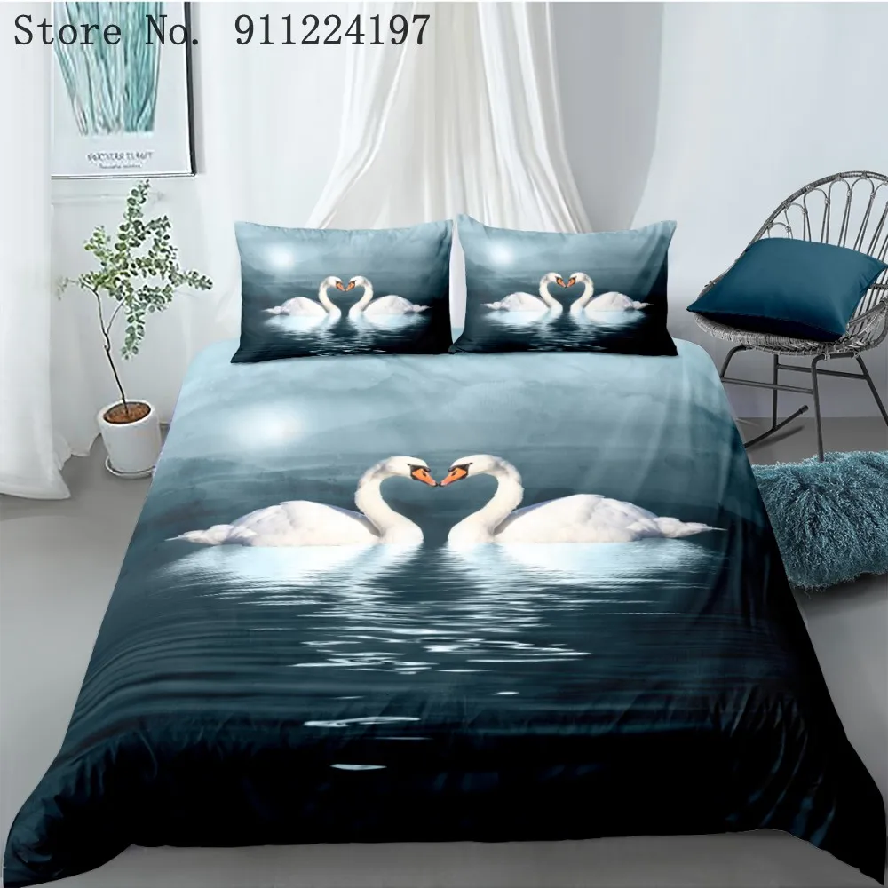

White Swan Duvet Cover Set Comforter Bedding Set 3D Bird Crane Printing Quilt Cover Set Microfiber Bedclothes Kids Adult