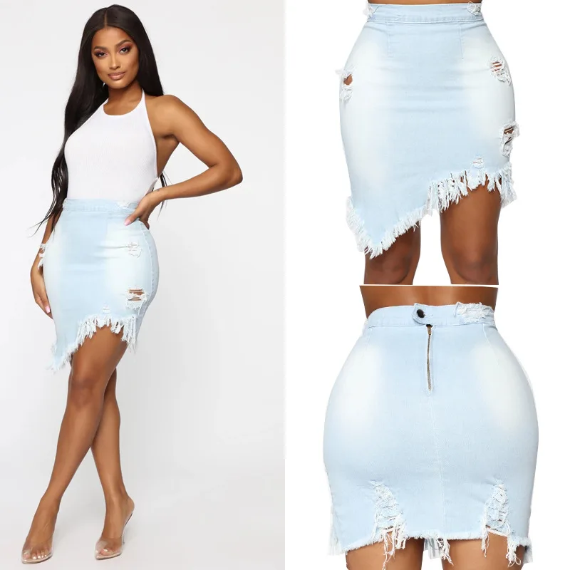 

Net red explosions women's denim skirt high waist women's skirt casual hot women's denim skirt fringed hole denim skirt