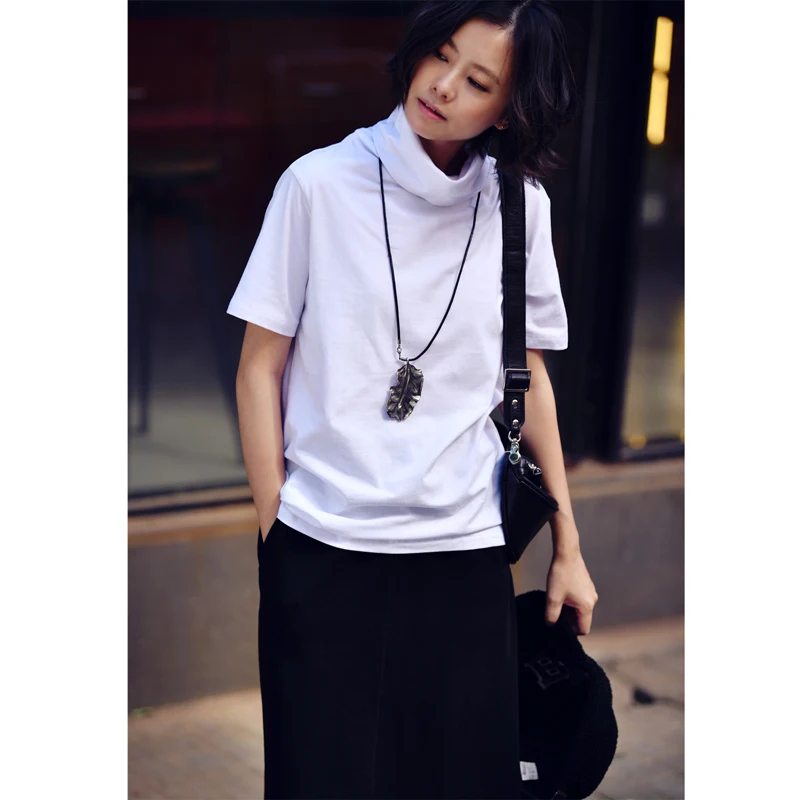 Женские однотонные футболки с коротким рукавом и высоким воротником MICOCO T191A |