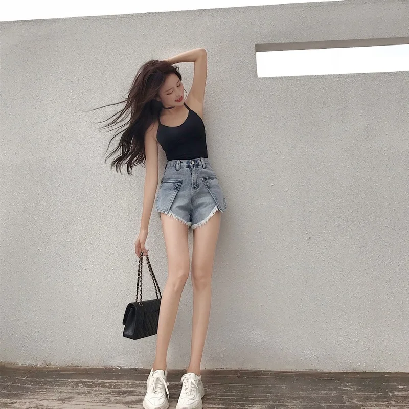 Big Pocket Denim Shorts Fashion Wide-leg Pants High Waist Thin Tassel Hot Pants Ins Tide Spring and Summer Women Jeans MID Sexy