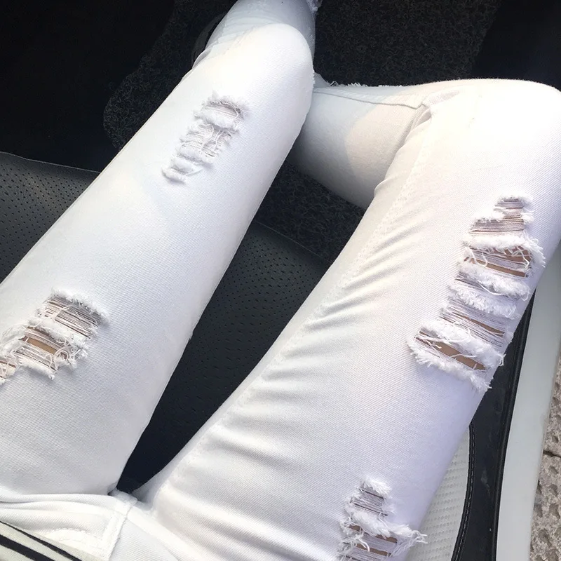 

Solid White Streetwear Ripped Holes Women Jeans New Summer Pockets Korean Style Denim Pancil Pants For Girls Boyfriend Cozy 2021