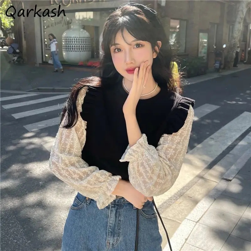 

Blouses Women Knitted Patchwork Fashion Light Soft Harajuku Basic Autumn O-neck Slim Blusas Student Ins Mujer Popular Street New