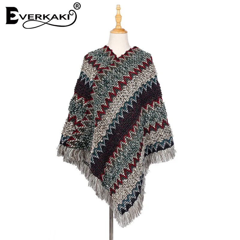 Everkaki кисточки Boho вязаный свитер шаль для женщин Обертывания толстый теплый богемный свитер шаль обертывания женский осень зима - Цвет: Grey