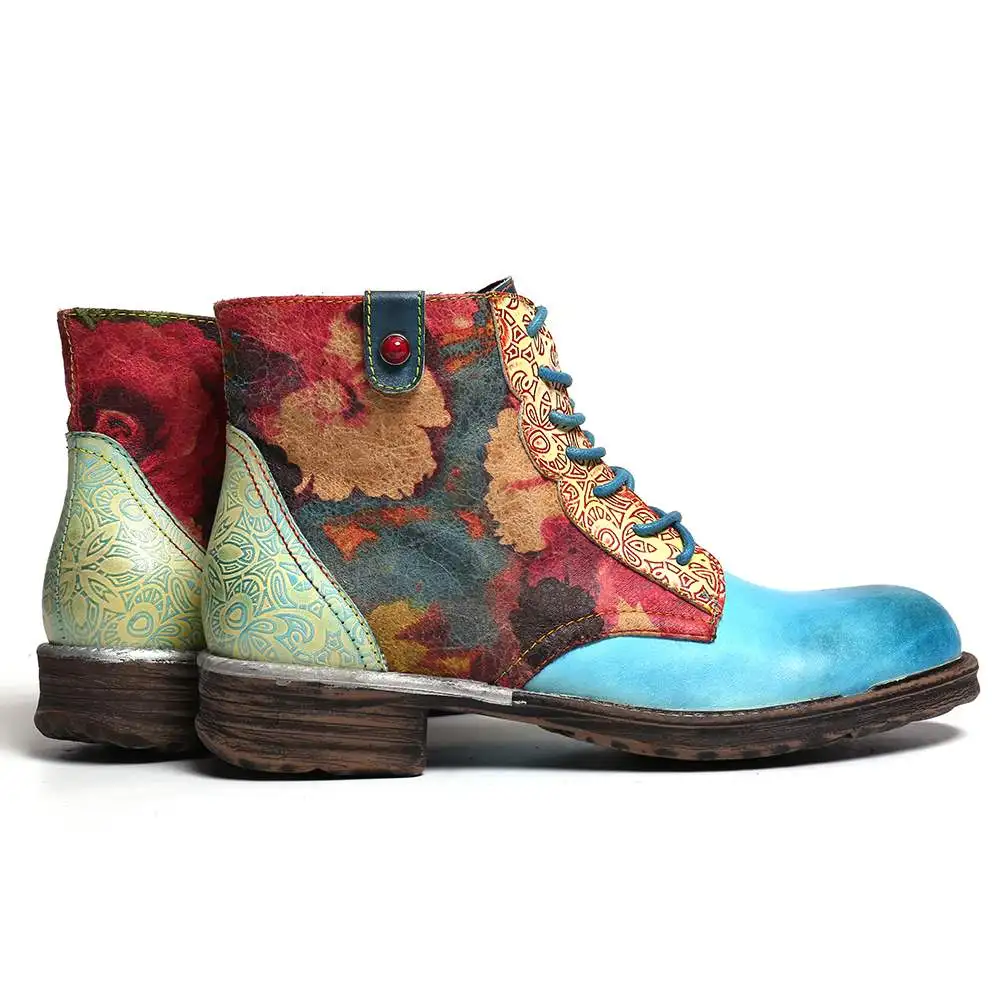 SOCOFY/Botas Mujer; ботинки с цветочным узором из натуральной кожи на молнии; короткие ботинки на плоской подошве со шнуровкой; женская обувь; женская зимняя обувь