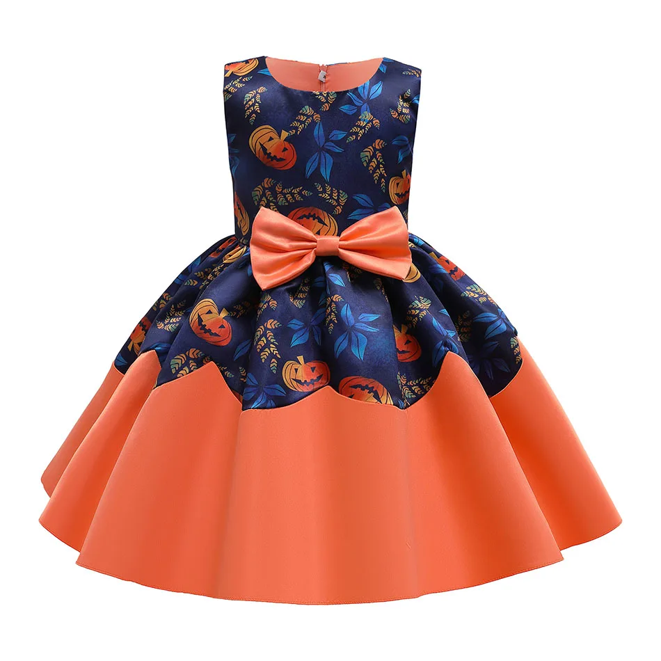 

Детское платье без рукавов с узором в виде тыквы для девочек, Вечернее Платье До Колена, комбинированное платье с лентой на талии и бантом, подарки