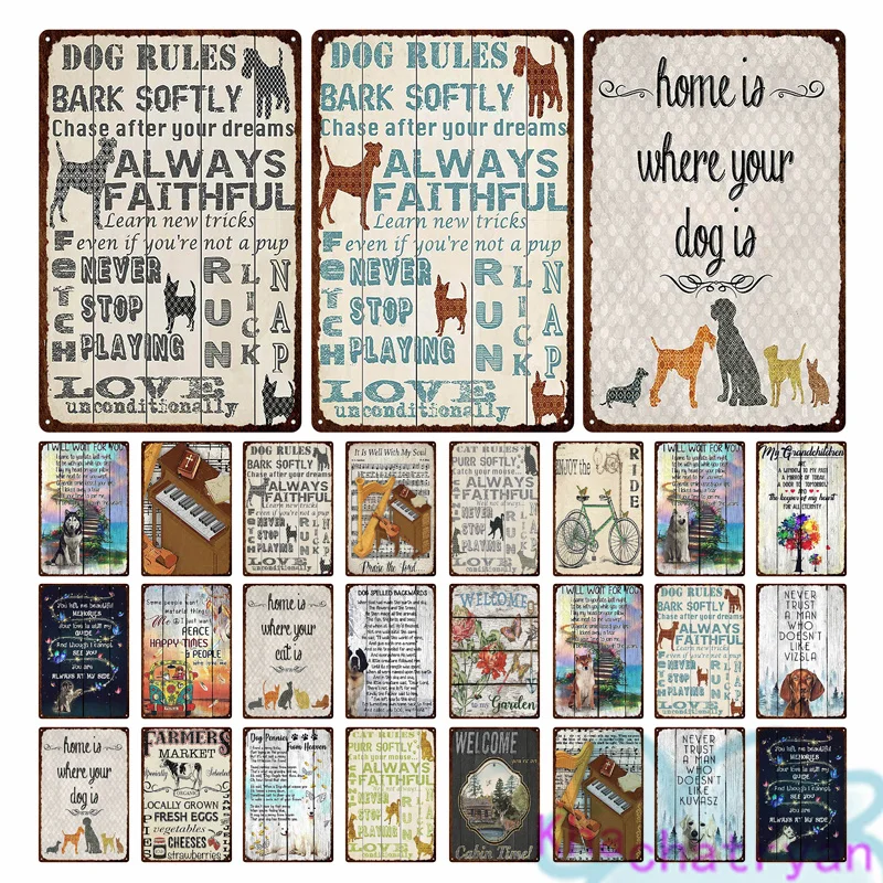 Home Meaning Quotes Dogs Rules Metal Plate Painting Iron Tin Sign Wall Picture For Gardens Doghouse Door Living Room Home Decor