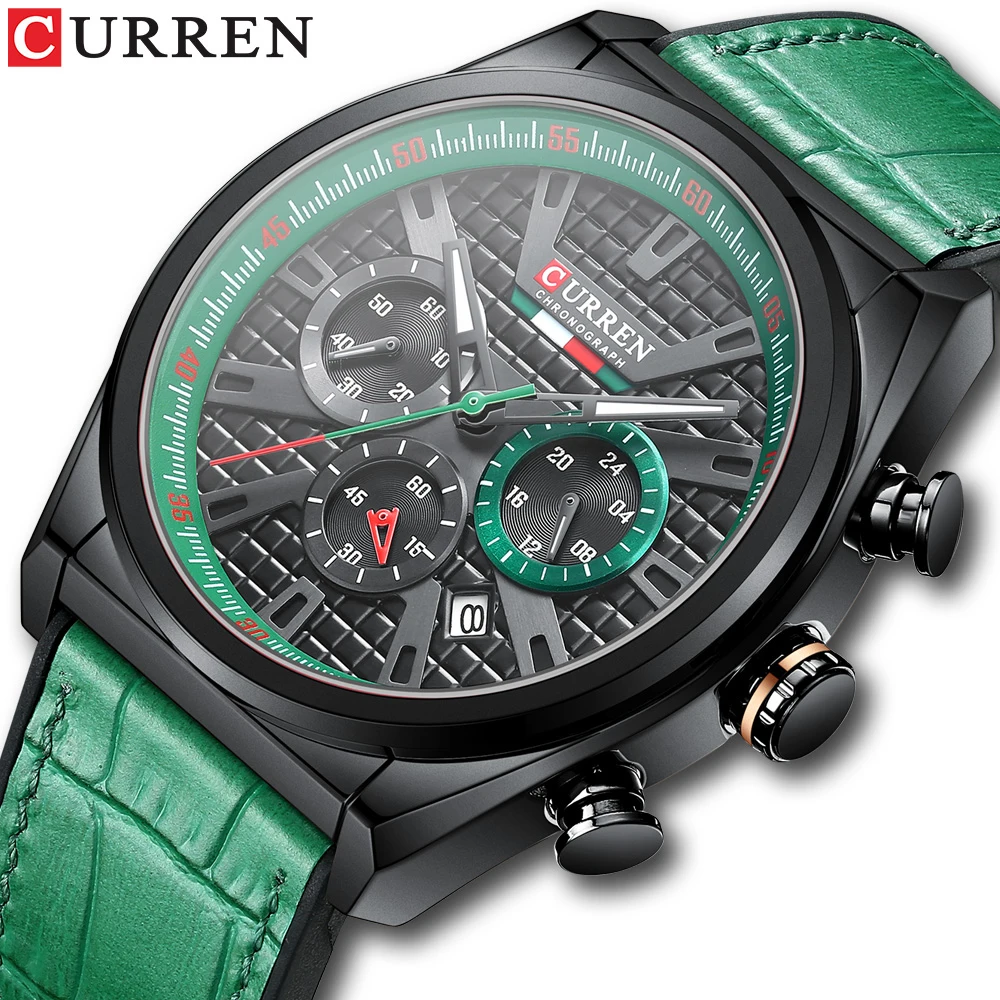 

CURREN Men's Wrist Watches Classic Sports Chronograph Dials Quartz Leather Wristwatches for Male 2021 Green Clock