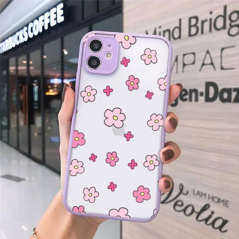 

Phone Case For iPhone 12 11 Mini Pro XR XS Max 7 8 Plus X Cute flower creative cartoon Matte transparent Purple Cover