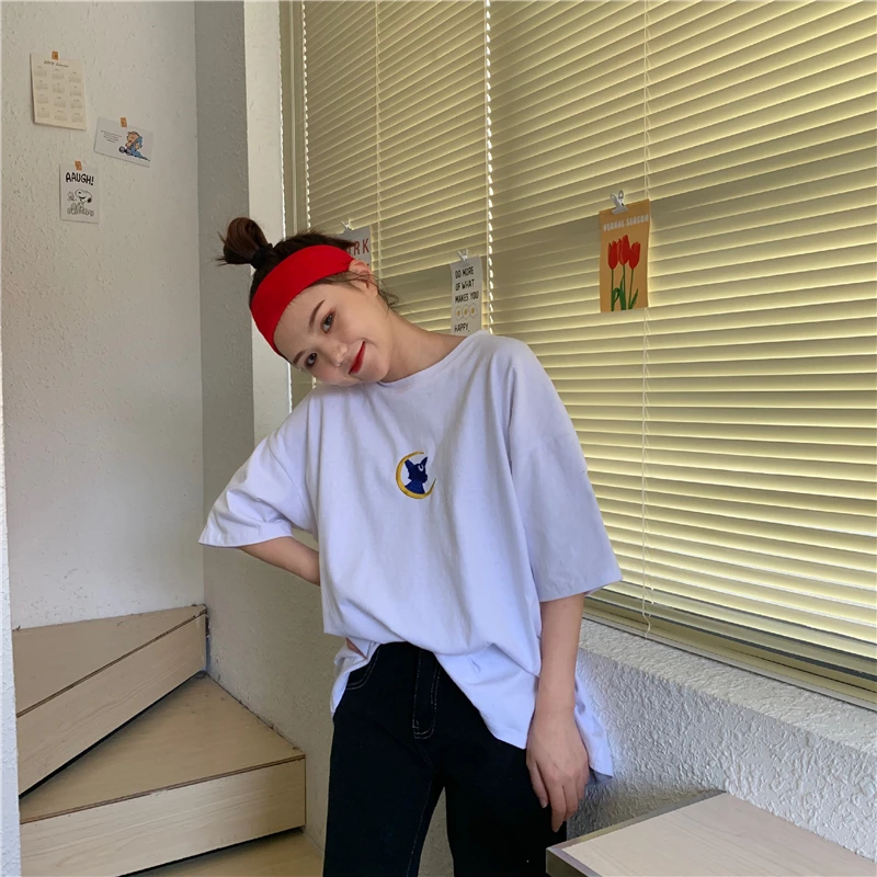 Летние футболки с мультяшным принтом рубашки вышивкой Сейлор Мун коты свободная