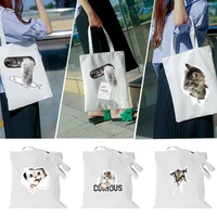 harajuku ladies shopping bag handbags cloth canvas tote bags women cat pattern eco foldable reusable shoulder shopper bags