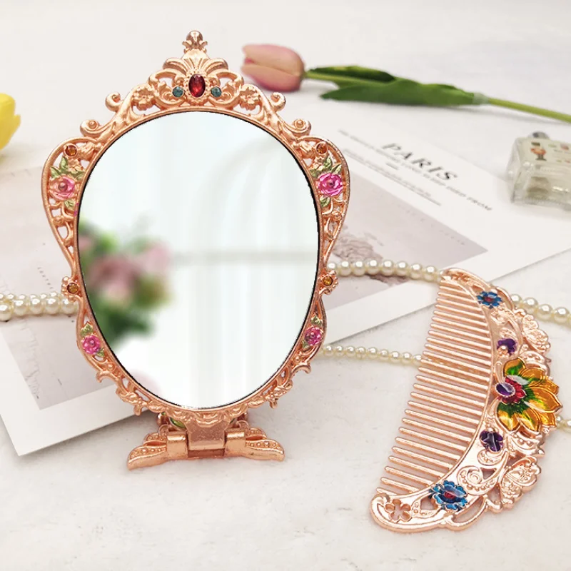 

Retro Small Cosmetic Makeup Mirror Women's Classic Hollow Portable Folding Handle Mirror Home Single-side Flat Mirror Comb Set