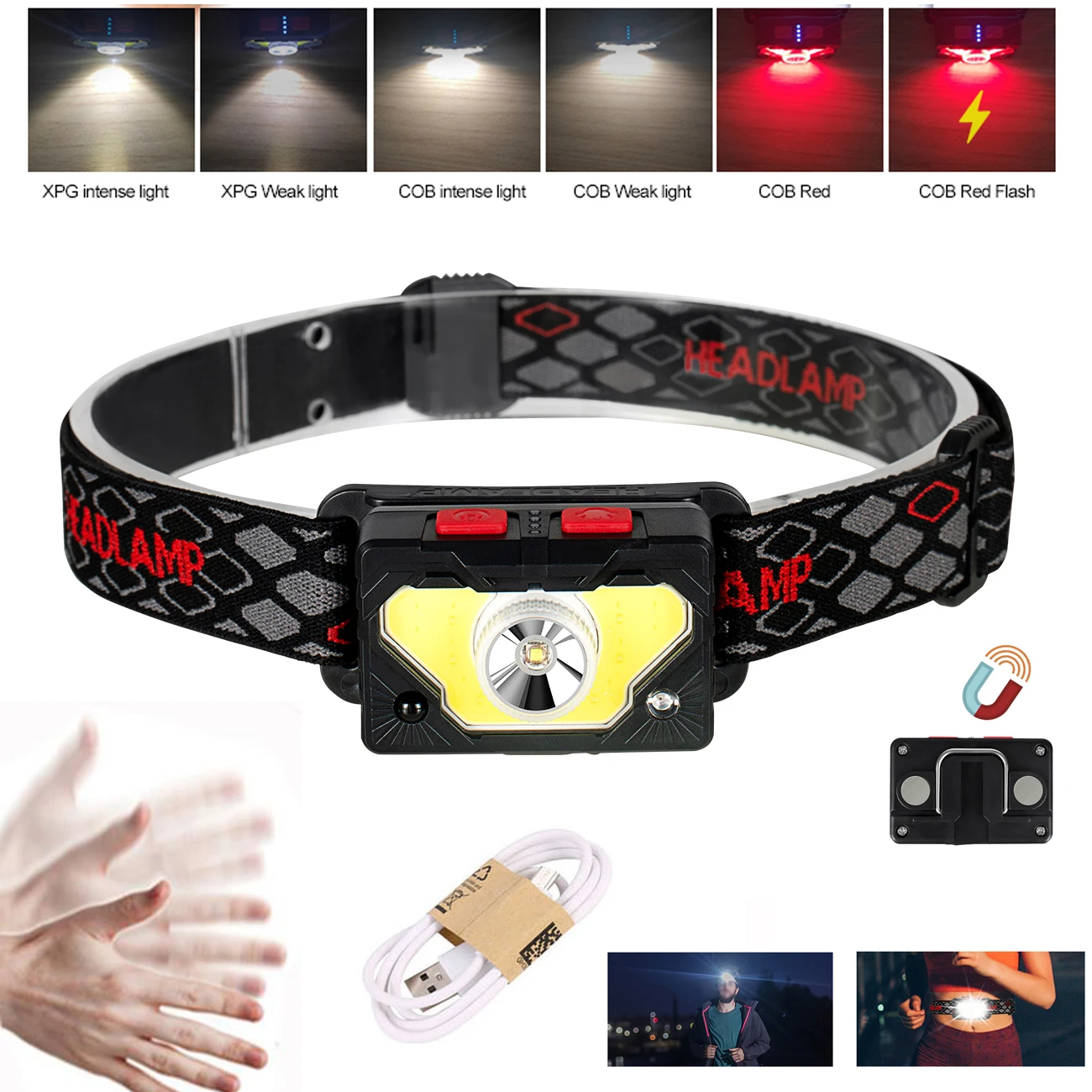 

Налобный фонарь USB Перезаряжаемые XPG + COB головной светильник движения тела Сенсор головки вспышки света светильник встроенный литиевая бат...