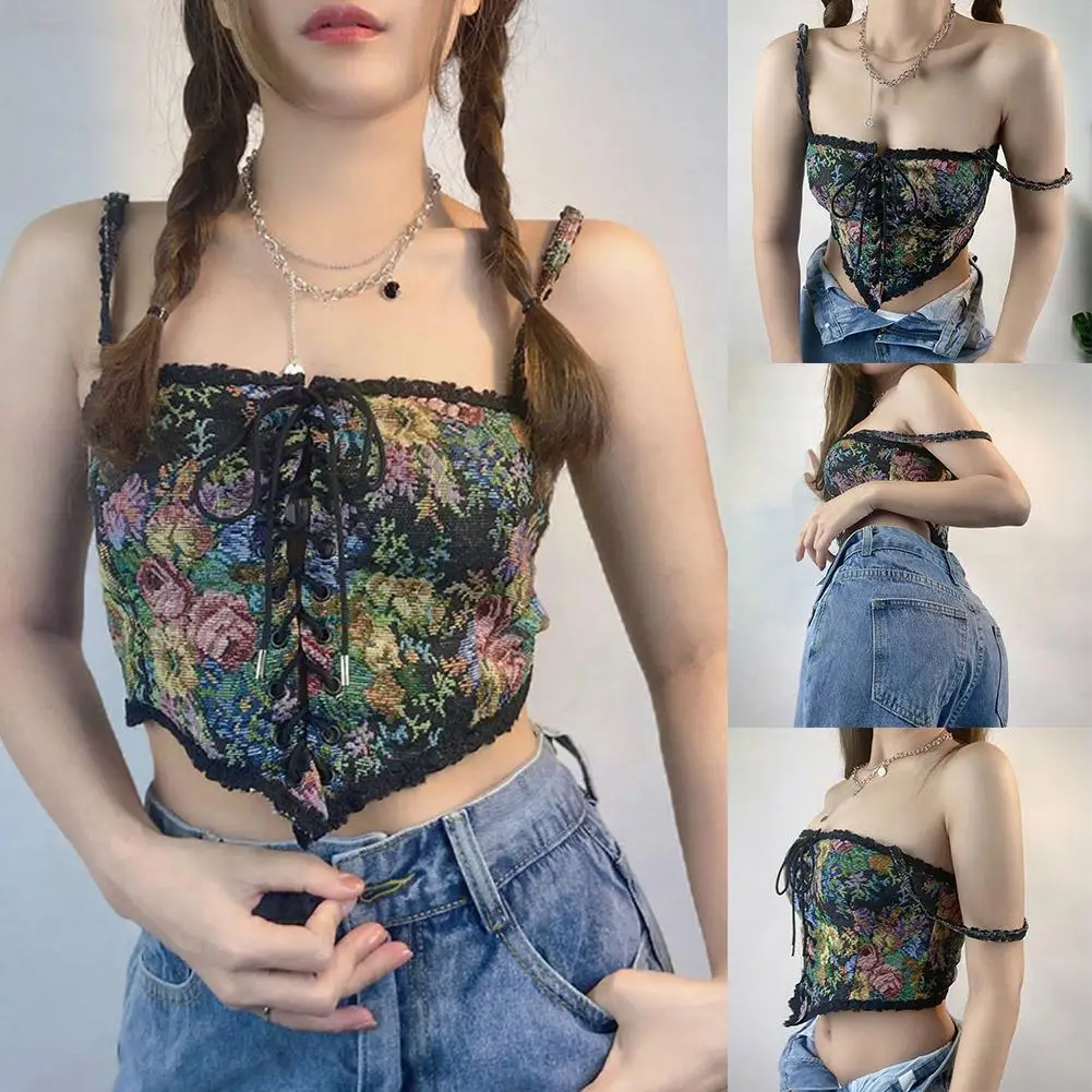 

2021 Women Elegant Designer French Vintage Print Halter Bandage Top Club Floral Tops Style Sexy Corset Shirts Party Ladies Y9X2