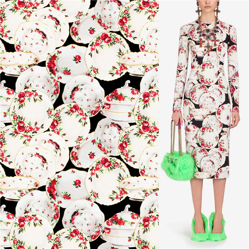 

100% cotton fashion fabric European designer dress custom digital printing beautiful dish pattern DIY clothes shirt fabric