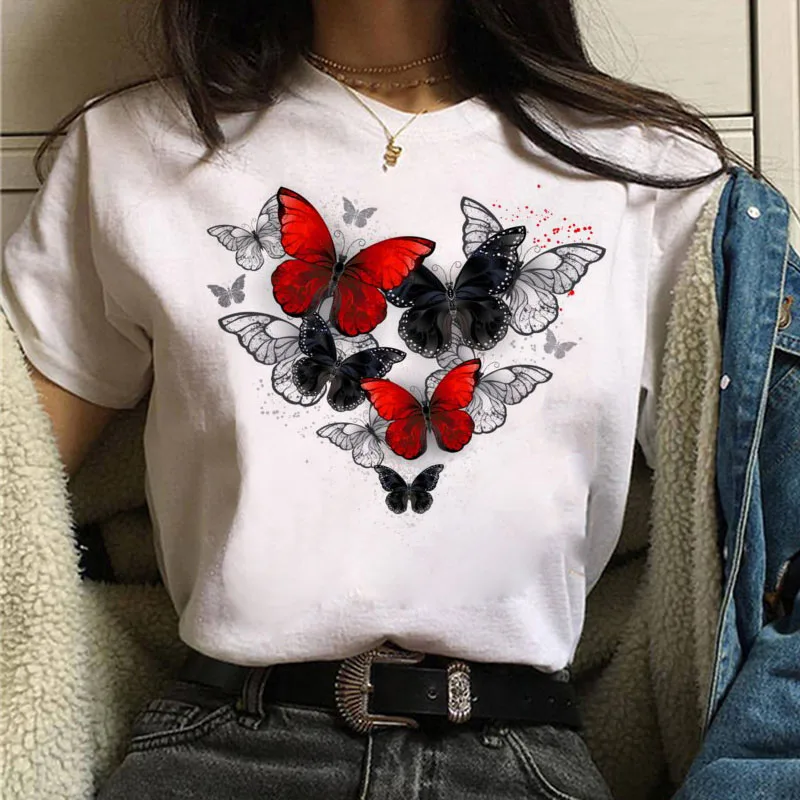 

Red and Black Butterfly Print Women T Shirt Oversized Harajuku Heart T Shirt Female Tops Tee Fashion Women T-shirts Short Sleeve