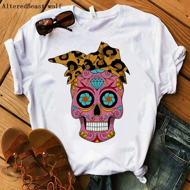 

2020 Skull T-shirt Women Harajuku Leopard Print Sugar Skull T Shirt Women Bandana O-neck Mama Fashion Short Sleeve Tshirt Tops