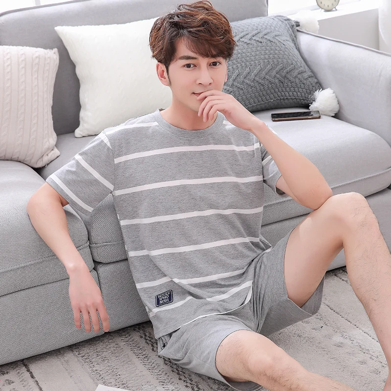 

2021 Summer Casual Striped Cotton Short Sleeve Pajamas Sets for Men Sleepwear Male Homewear Lounge wear Night Suit Home Clothes
