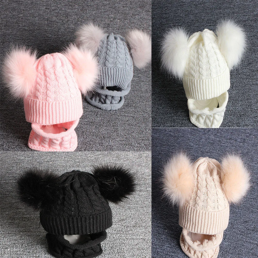 

Children's Woolen Hats Raccoon Fur Double Ball Hats Scarf Suits New Knitted Hats Two Sets