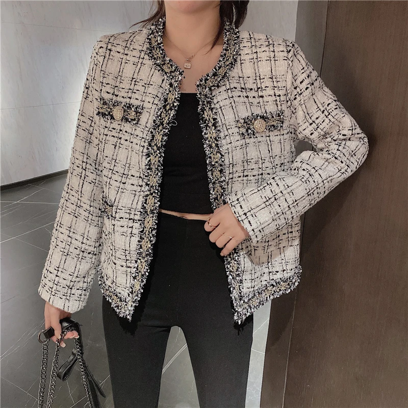 

Women Clothing Long Sleeve V -Neck Spliced Tweed Jacket Short Coat Female Casual Fashion Slim Patchwork Cardigans Outerwear