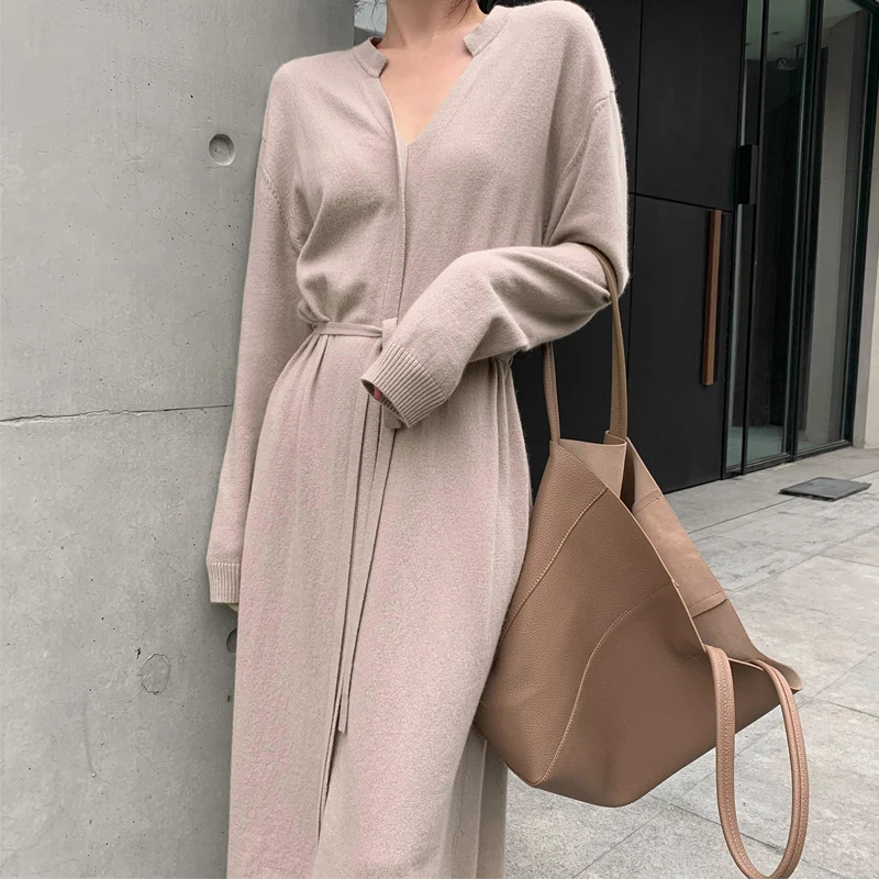 

Spring Long Sleeve Sweater Dress Women Casual Loose Drawstring Clothes Female Minimalist Chic Knit Dresses Ladies