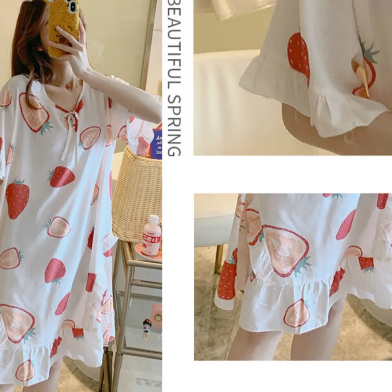 

Nightgowns Women Printed Summer Knee-length Ruffles Lovely Sleepshirts Korean-Style Lovely Oversize Sleepwear Breathable Trendy
