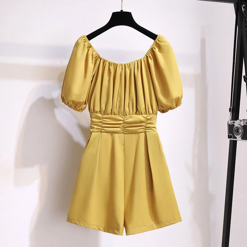 2022 Women Jumpsuit Romper Short Sleeve Square Neck Casual Playsuit Overalls Ladies Wide Leg Loose Black Playsuit 5XL