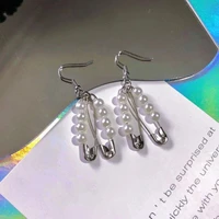 2021 trendy imitation pearl beaded safety pin tassel drop earrings for women fashion gothic punk jewelry party girls earrings
