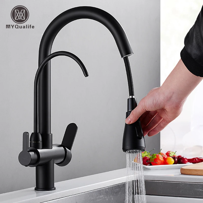 

Matte Black Pure Water Kitchen Faucet Dual Handle Hot and Cold Drinking Water Pull Out Kitchen Mixer Taps
