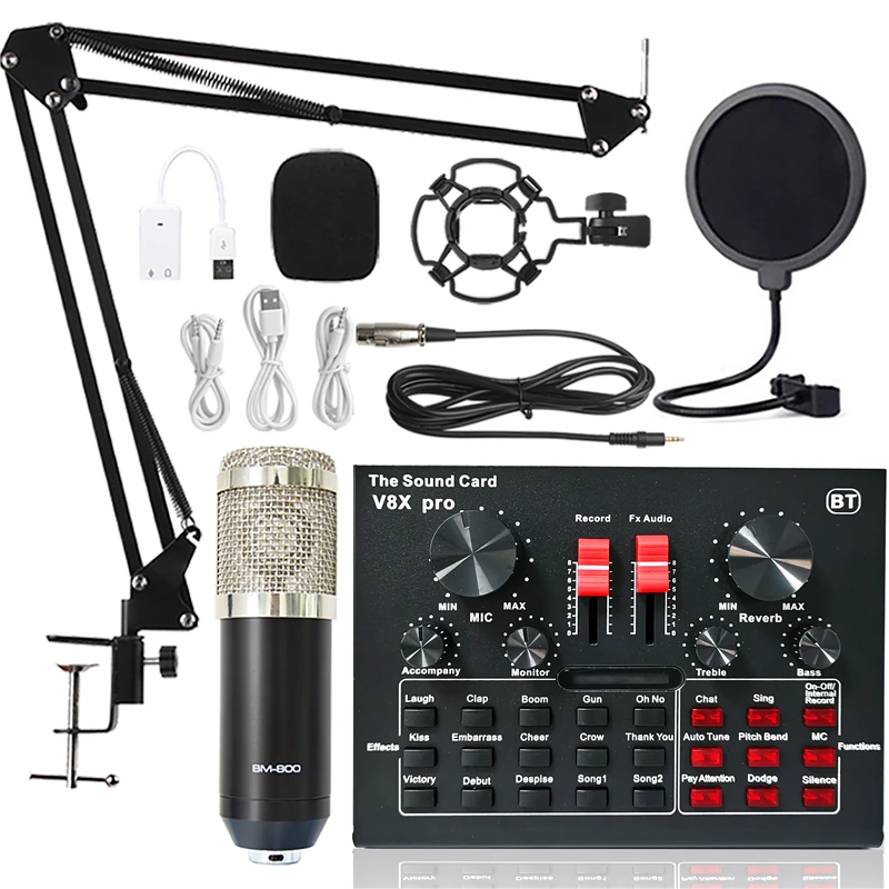bm 800 professional studio condenser microphone wireless karaoke microphone v8xpro sound card pc computer phone mic with youtube free global shipping