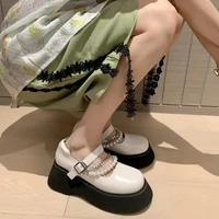 2021new autumn thick bottom mary jane shoes small leather women pearl all match retro big head shoes beaded metal chain