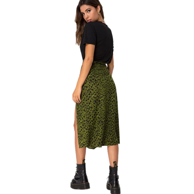 

Fashion Female Skirt High Waist Shift Divide Midi Women's Leopard Green Leopard Print Print Dot Casual Chic Summer Skirt