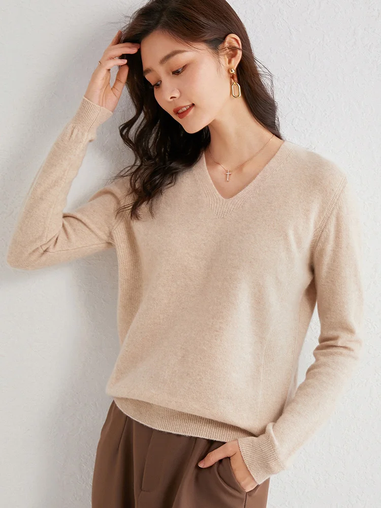 Свитер женский из 100% шерсти вязаный пуловер с V-образным вырезом и манжетами