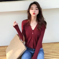 v neck knitted sweater cardigan solid color long sleeved thin slim top short coat fashion 2021 new wn