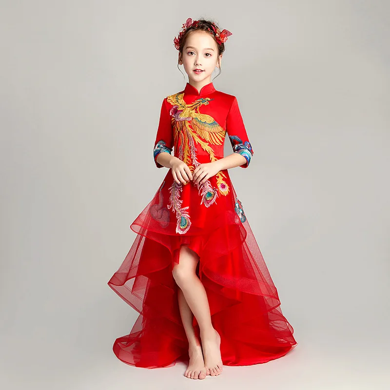 Children Gala Party Dress Teen Girls Red Phoenix Long Gowns Chinese Style Kid Evening Formal Robes Happy Birthday Gift 3 12 14 Y