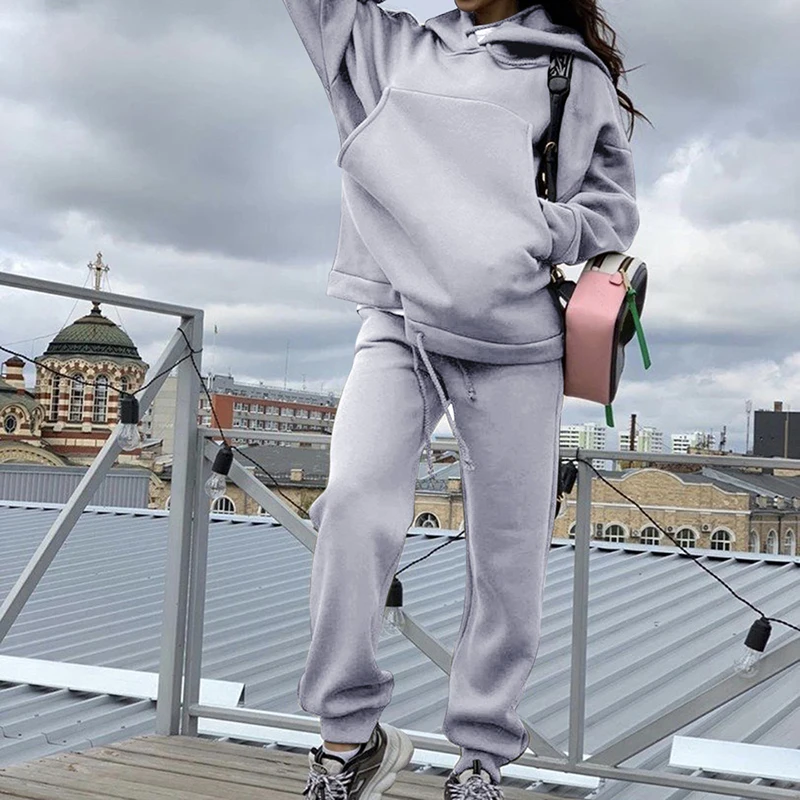 

Autumn Solid hoodies suit Casual Tracksuit Women Sports 2 Pieces/Set 2020 fleece hooded Sweatshirts and pants Outfits oversized