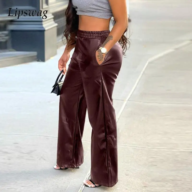 

Women Autumn Elegant PU Leather Pocket Design Wide Leg Pants Fashion Trousers Street Pants Office Lady Pocket Trouser Streetwear