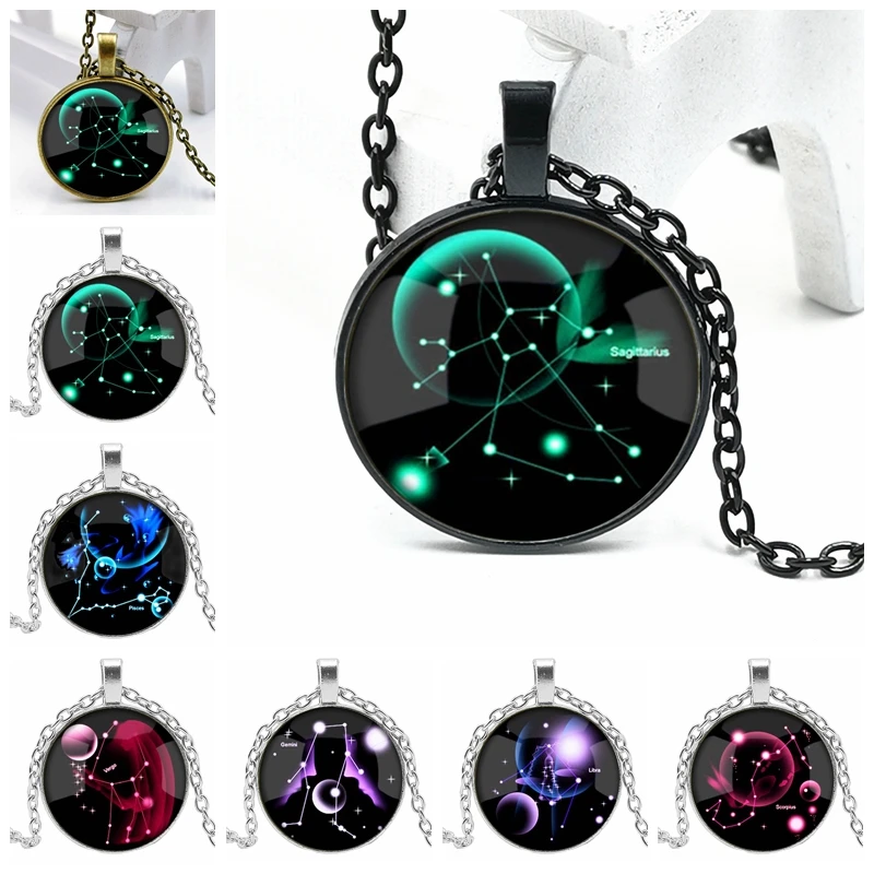 

2020 New Starry Twelve Constellation 3 Color Necklace Glass Convex Personality Pendant Necklace Gift Wholesale